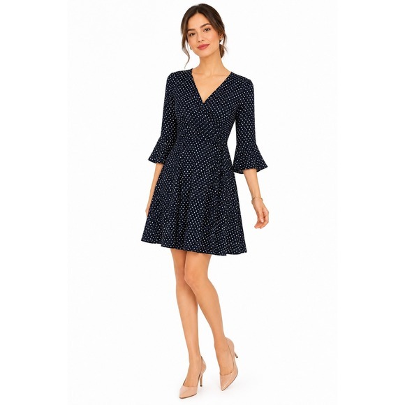 Everly Dresses & Skirts - Everly Navy Blue Polka Dot‎ Fit and Flare Dress Bell Sleeve V-Neck Womens L